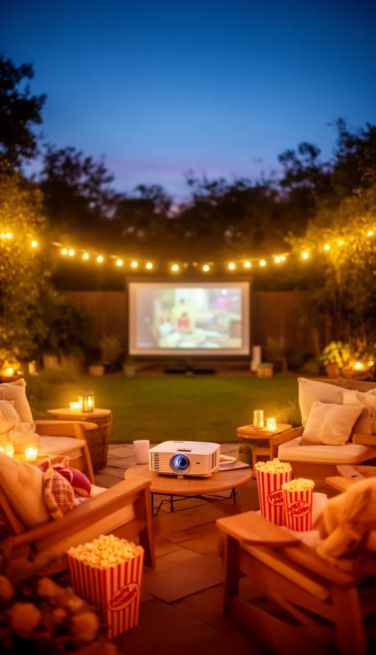 A pillow-piled lawn set up for an evening film under the stars