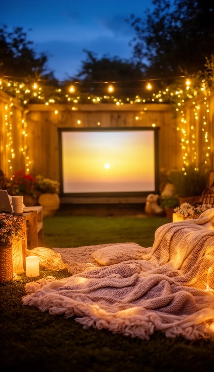 A warm outdoor movie nook glowing with candles and fairy lights