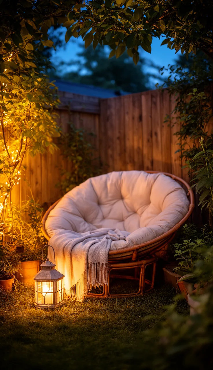 A cozy corner nook with cushions and throws tucked into a backyard spot