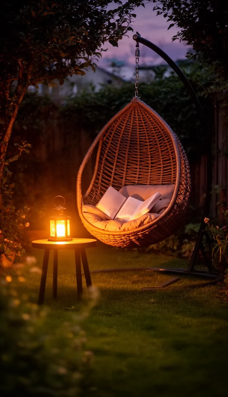 A snug reading nook outdoors with layered pillows and warm lighting
