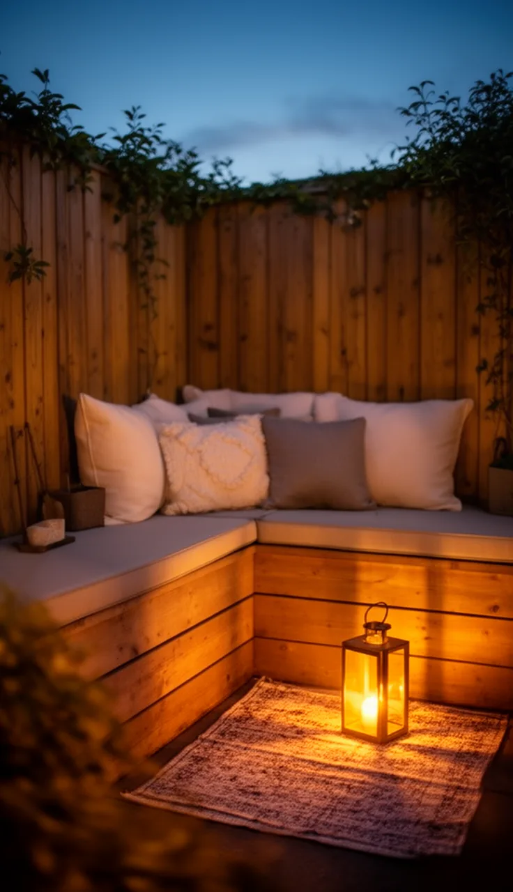 A private garden corner styled with soft blankets and a low side table
