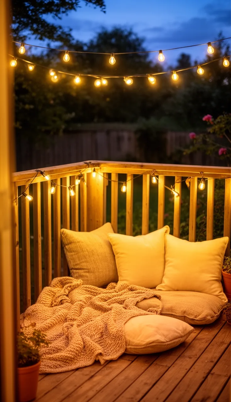 A quiet backyard retreat corner with warm evening glow and cushions