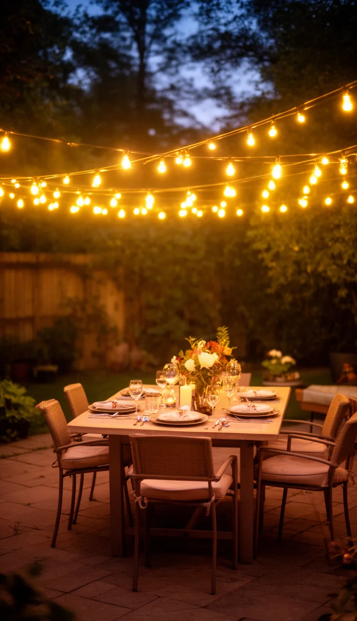 Warm string lights glowing over an outdoor dining table at dusk