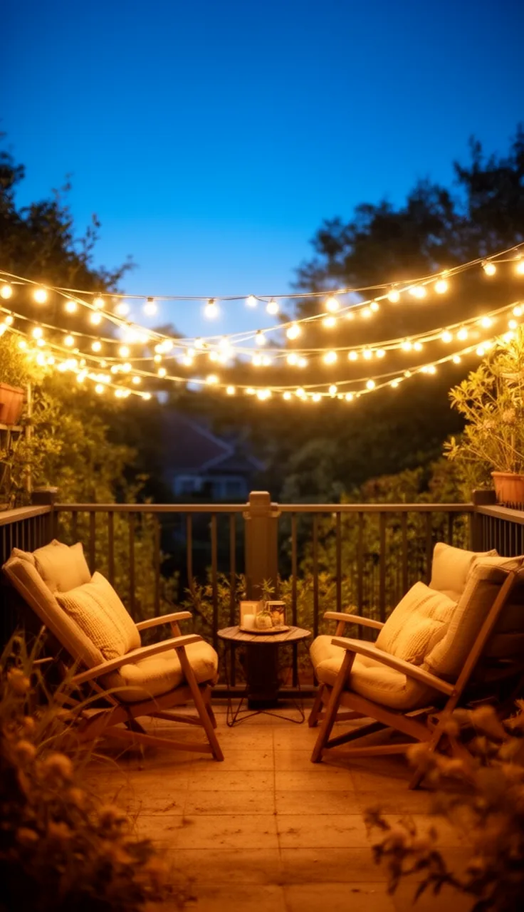 Layered globe lights strung across a cozy backyard patio in the evening