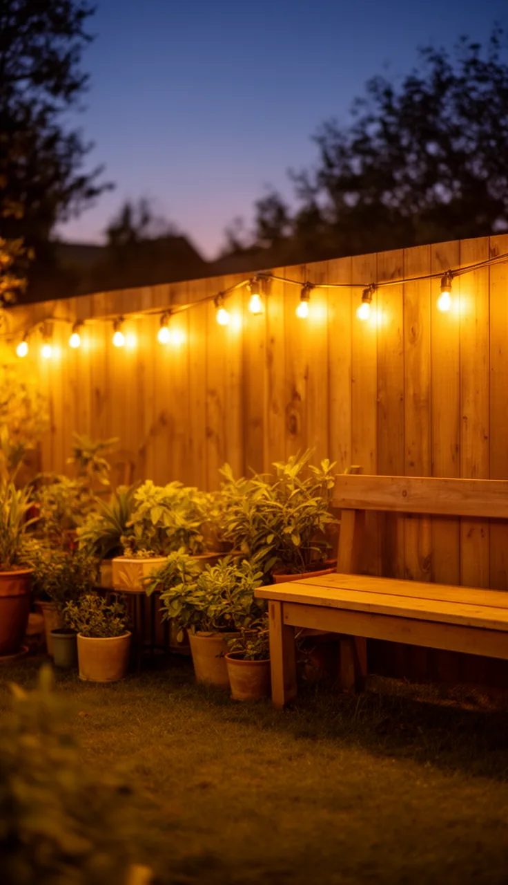 Café-style bulbs draped above a garden seating area after sunset