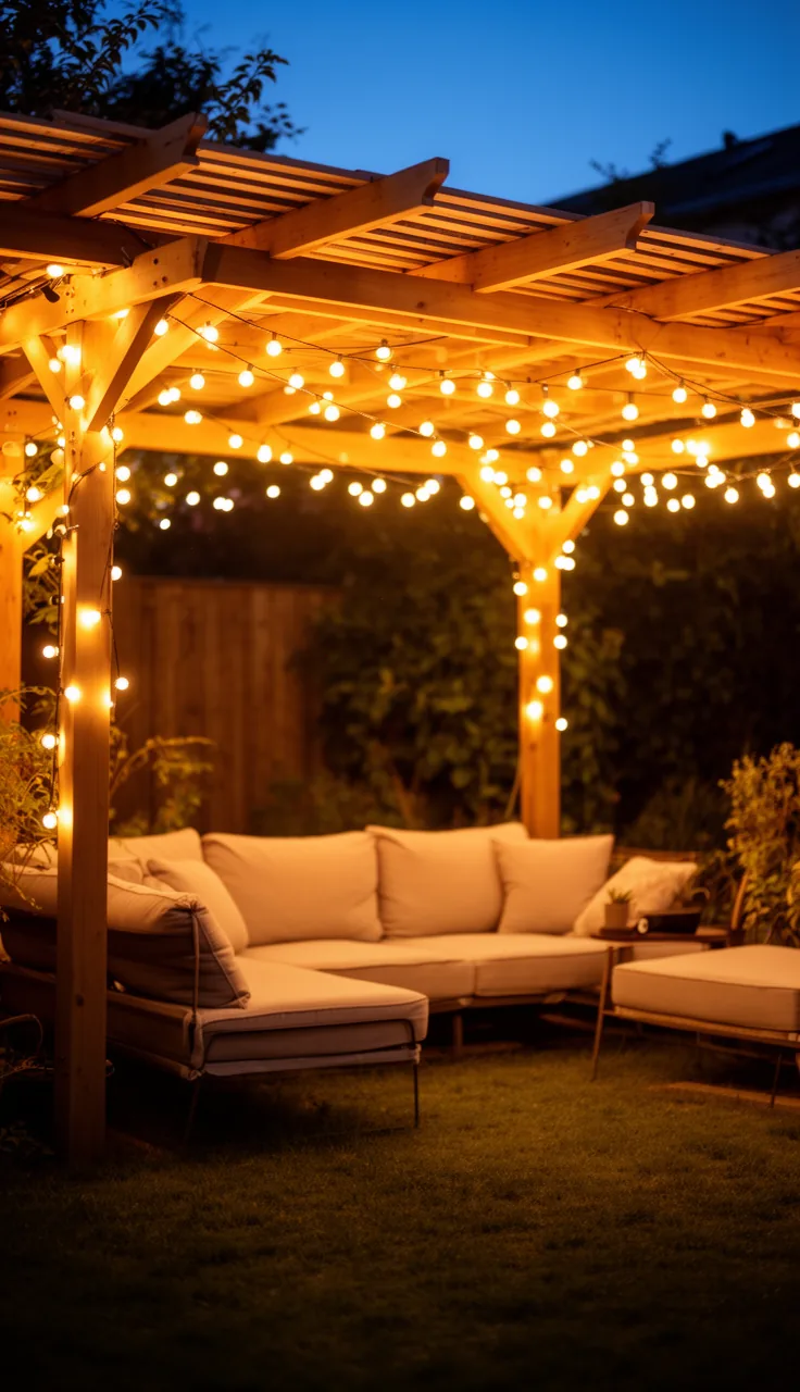 Soft golden string lights hung along a wooden fence and pergola