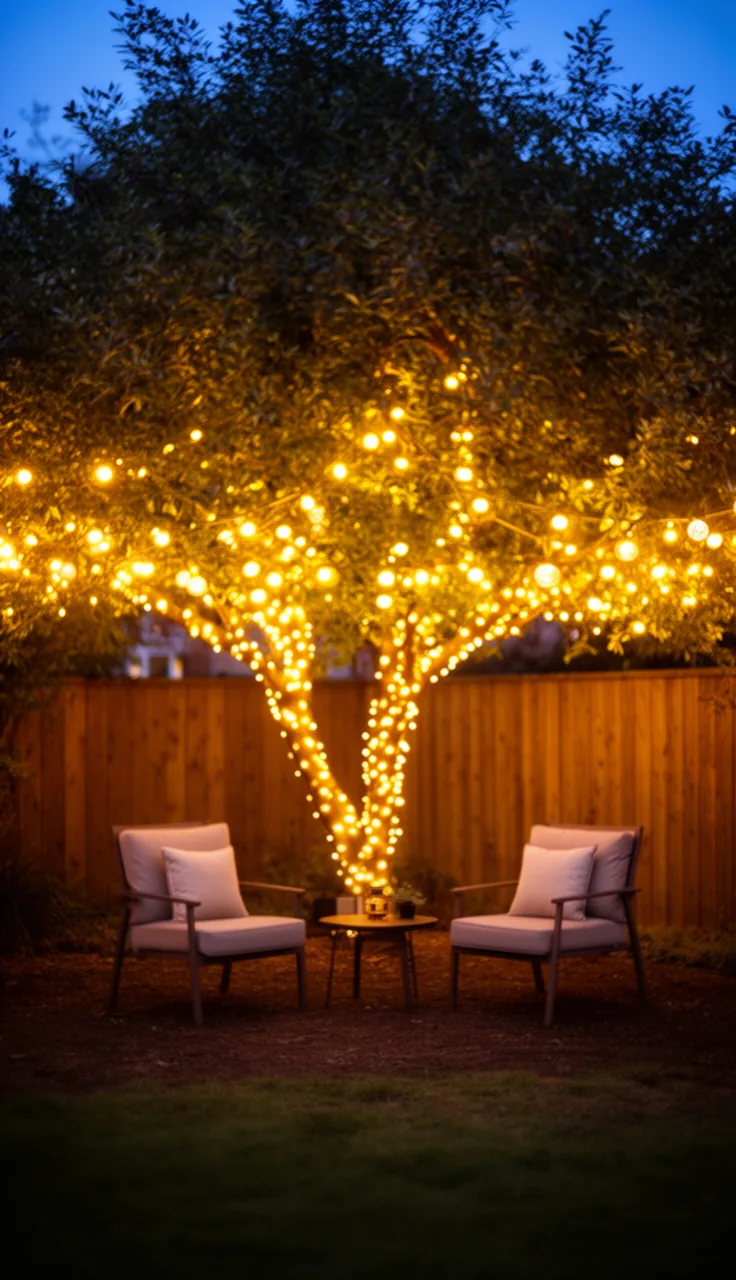 A backyard lit with warm fairy lights for a relaxed evening gathering