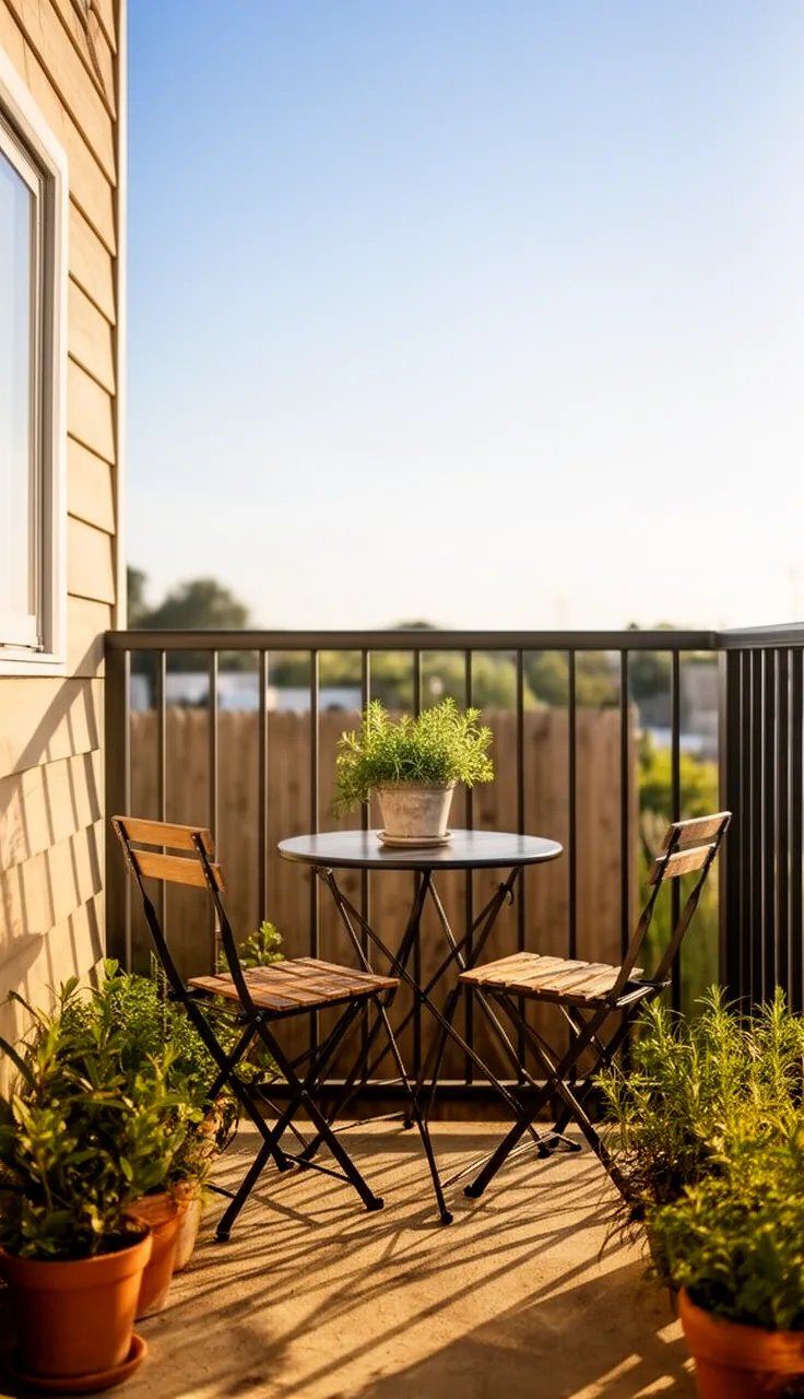 A slim bistro set on a small balcony, one of the small outdoor seating ideas