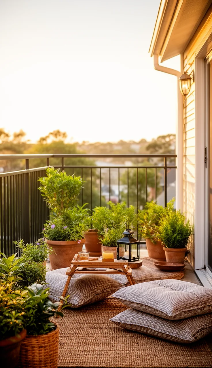 A cozy floor lounge zone with cushions on a small patio