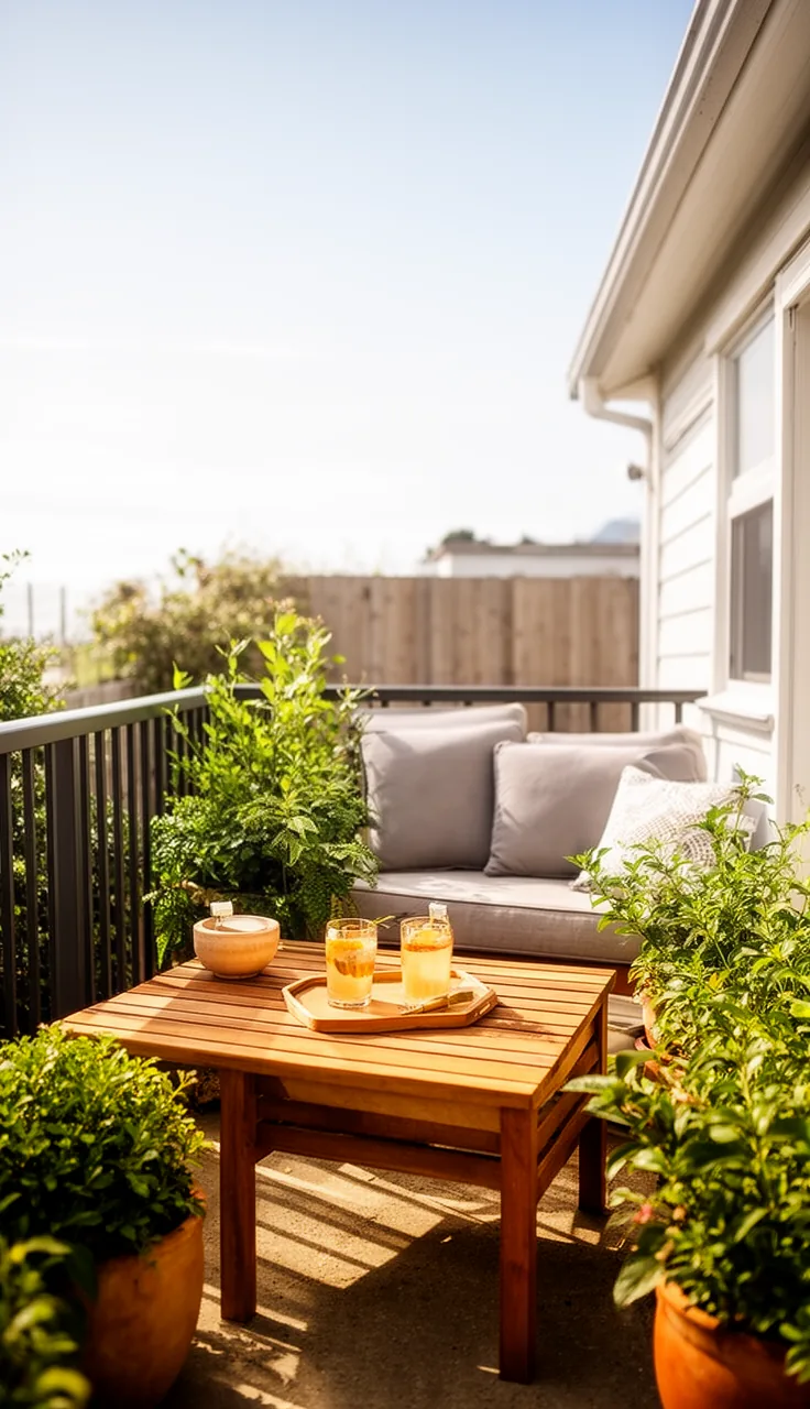 A narrow bench used as a coffee table on a small patio
