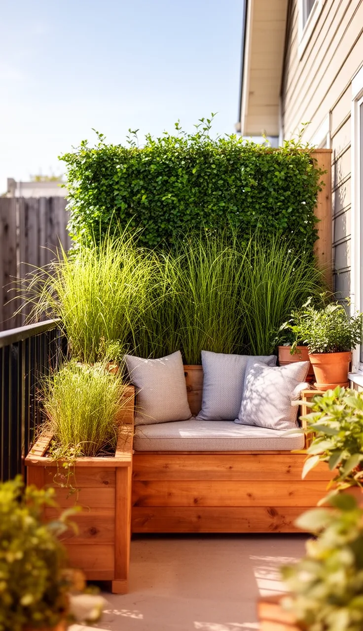 A planter bench with built-in greenery on a small patio