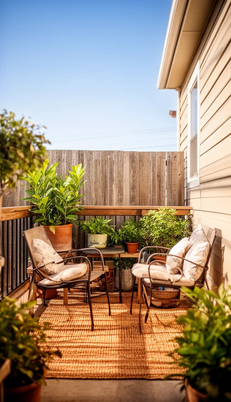 An outdoor rug anchoring a small seating nook on a patio