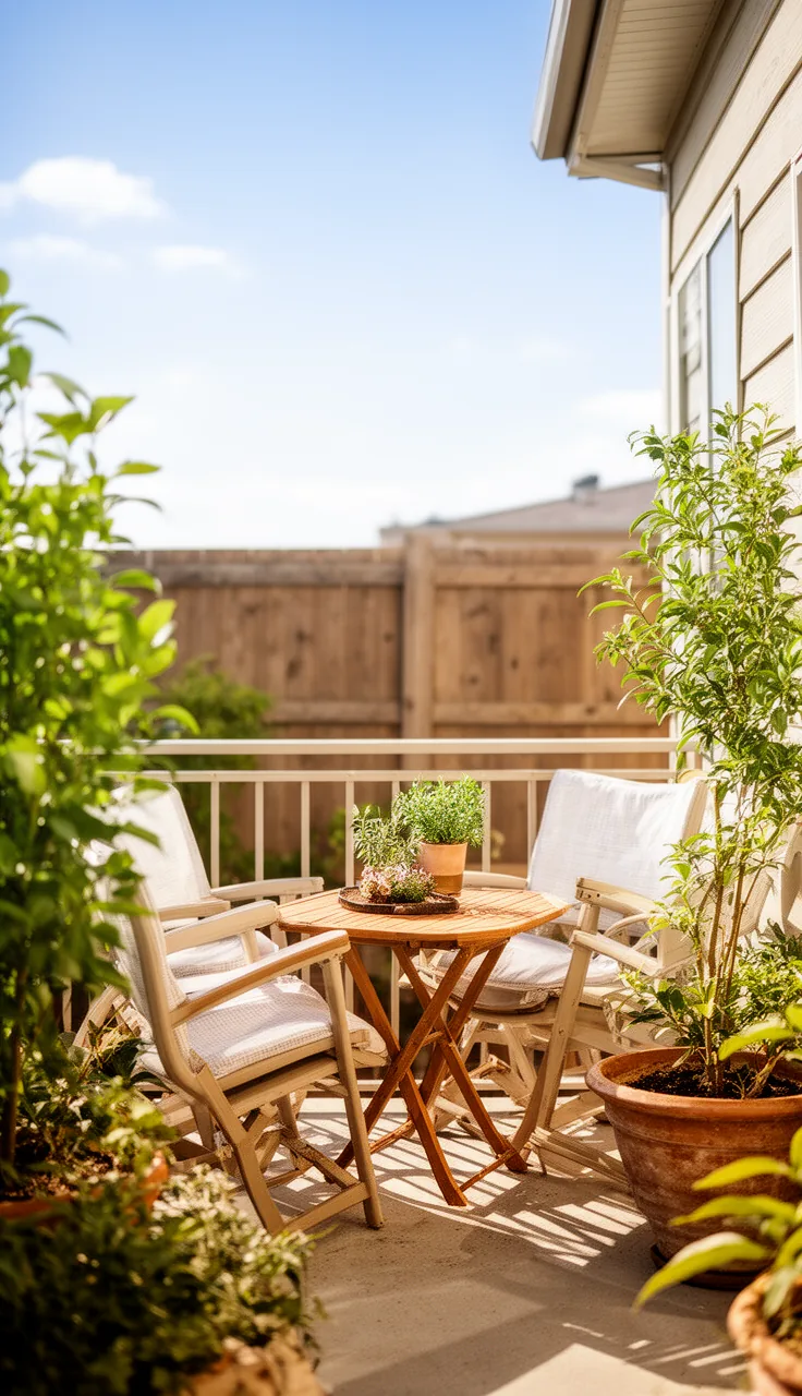 Light colors and airy materials on a small patio seating area