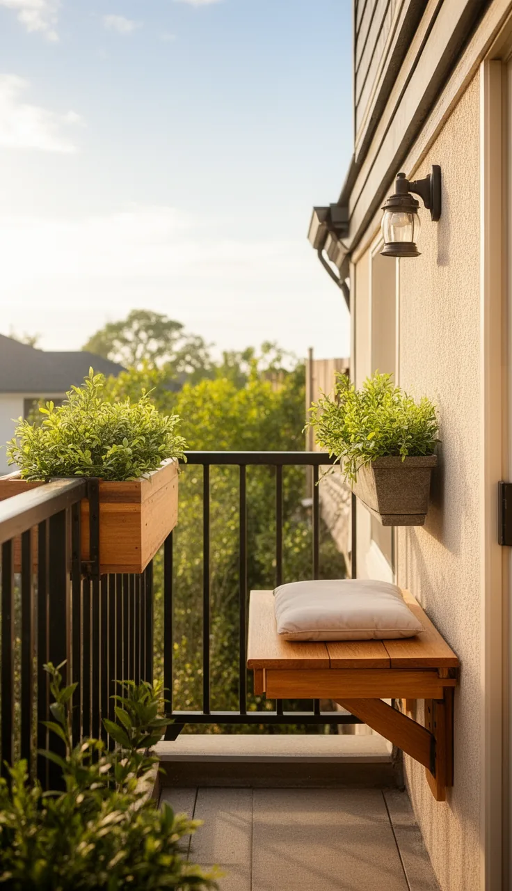 Wall-mounted fold-down seating on a narrow balcony