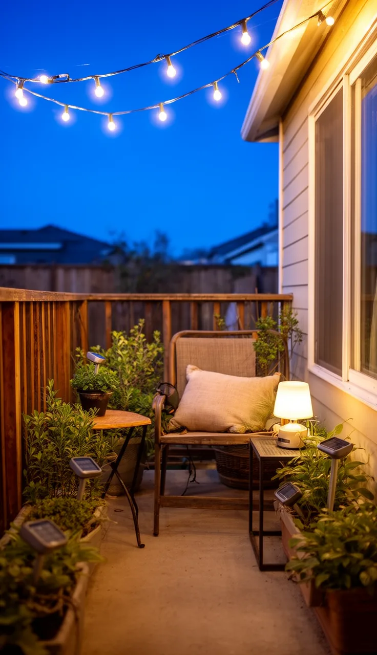 Layered mood lighting over a small outdoor seating corner at dusk