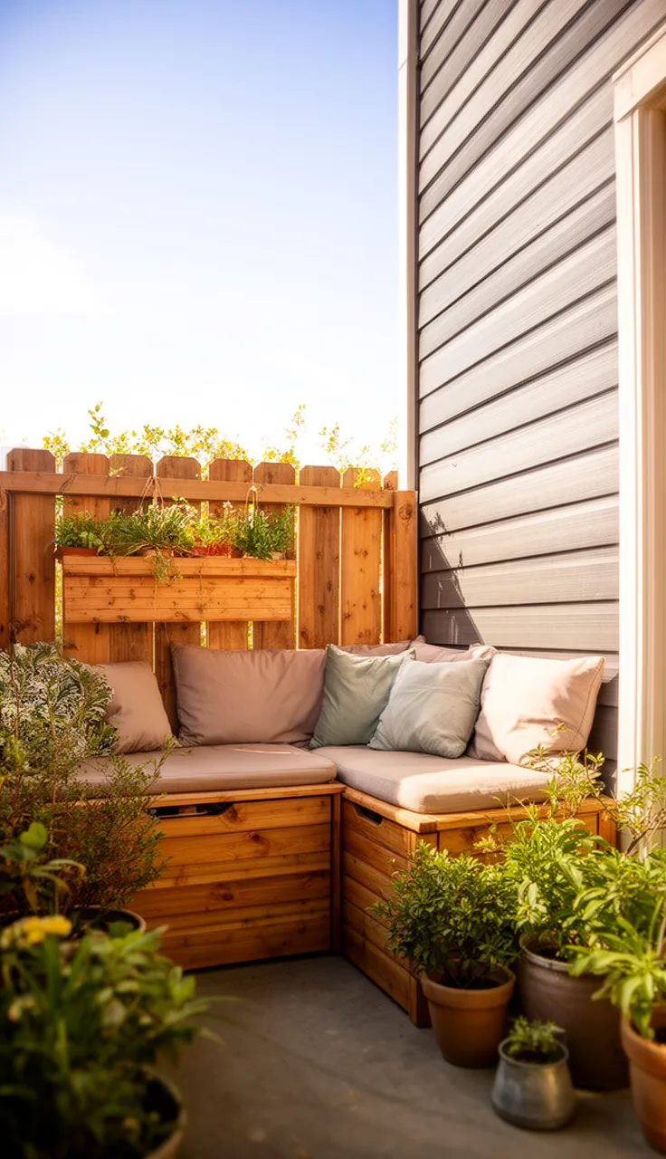 A corner storage bench on a small patio, a space-smart outdoor seating idea