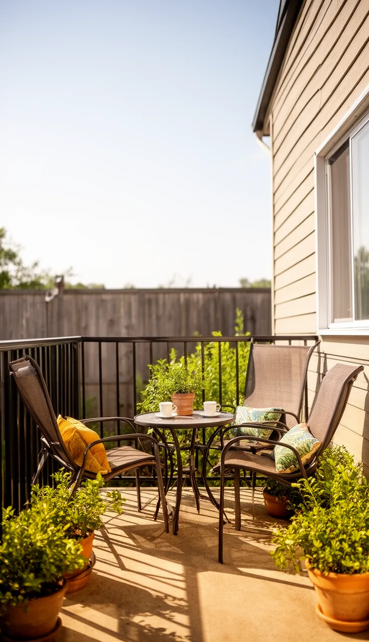 Armless chairs on a small patio to keep sightlines open