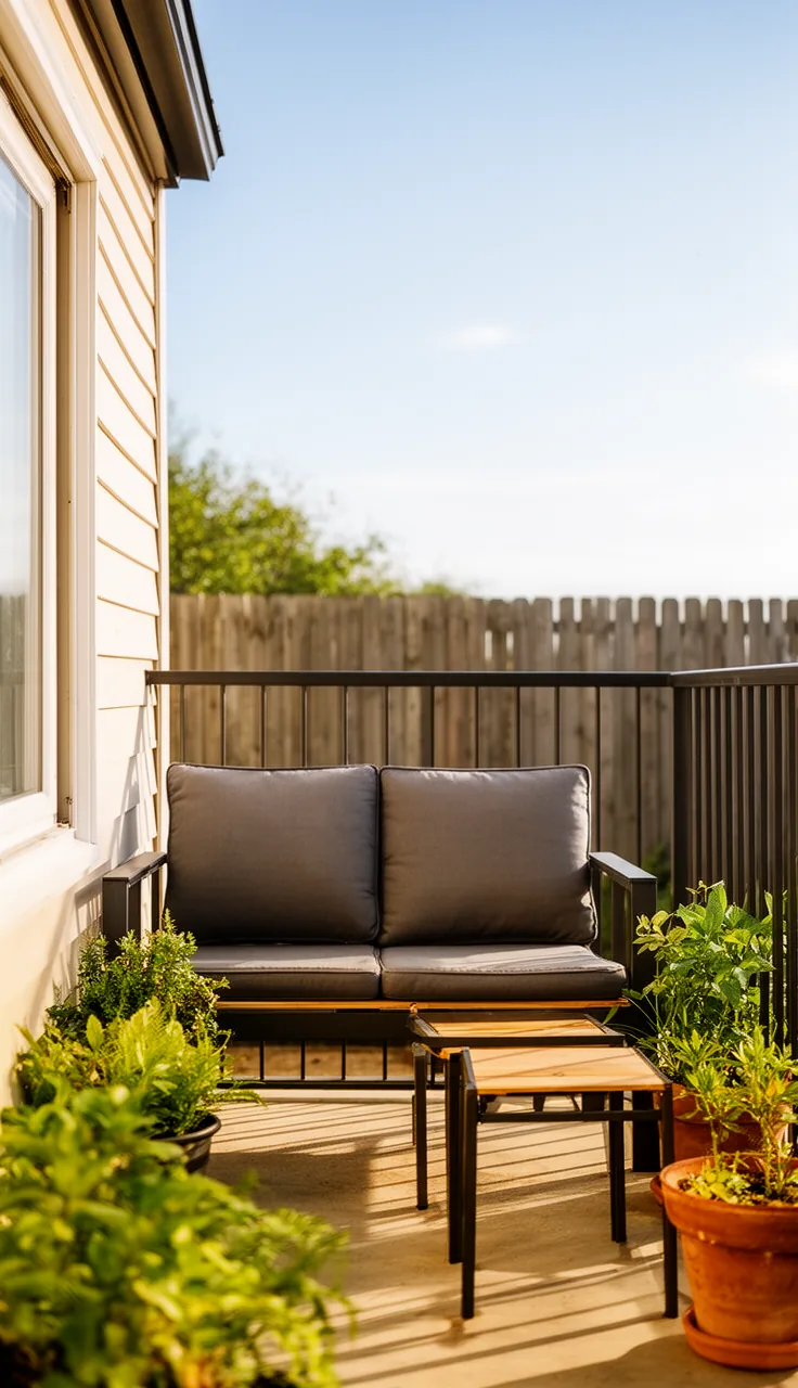 A two-person loveseat on a small patio outdoor seating area