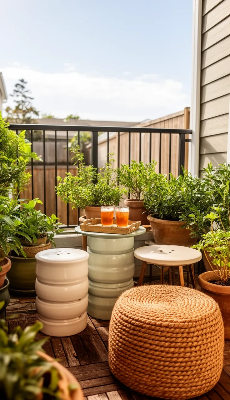 Stackable stools as seats and side tables on a small patio