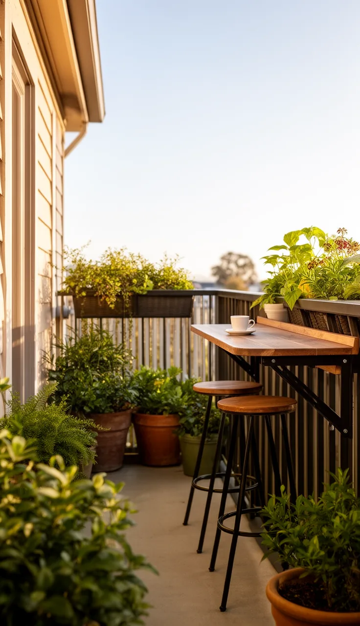 A folding balcony bar ledge, a compact small outdoor seating idea