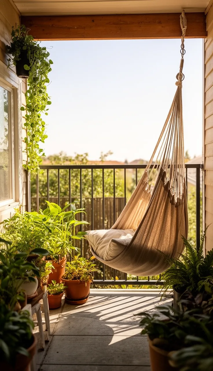 A hanging hammock chair in a small balcony corner for vertical seating