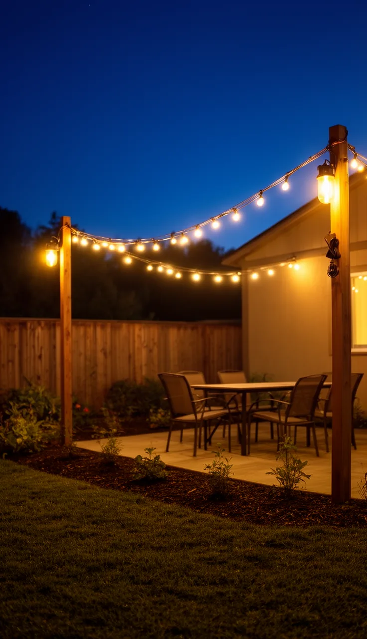 Warm outdoor string lights swagged over a backyard patio at dusk