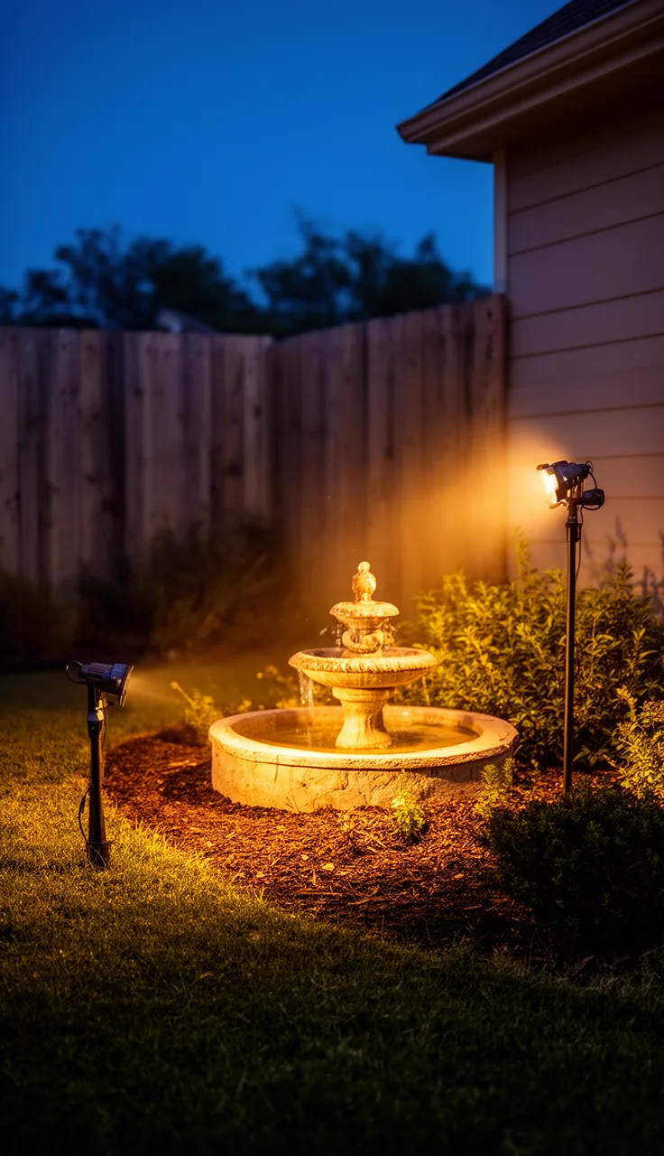 A spotlight highlighting a garden fountain at night