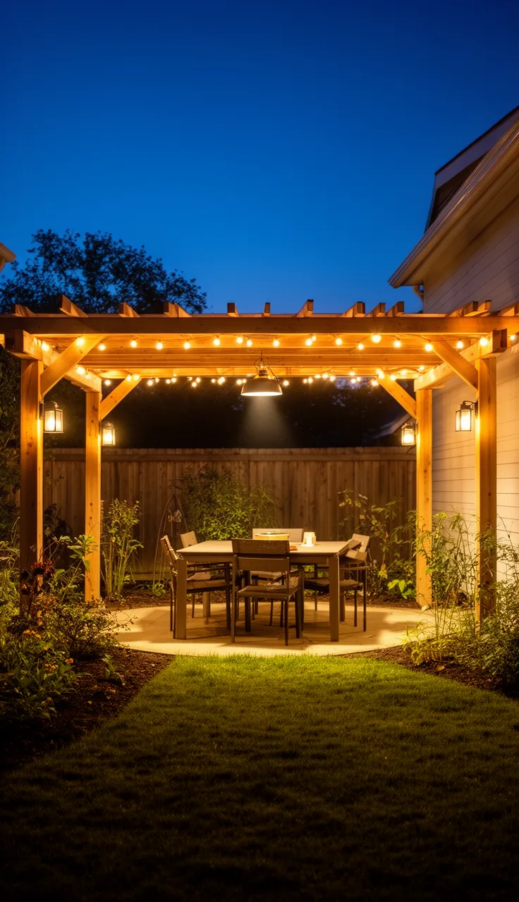A pergola lit with layered string lights, sconces, and a downlight