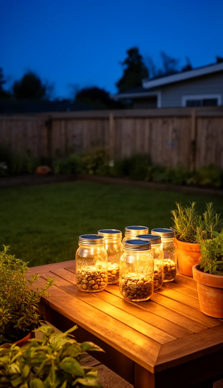 Mason jar lanterns glowing on a patio table at dusk