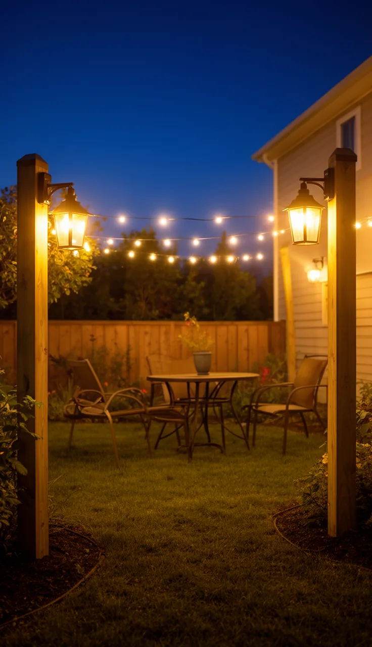 Smart bulbs glowing warm in outdoor lanterns and string lights