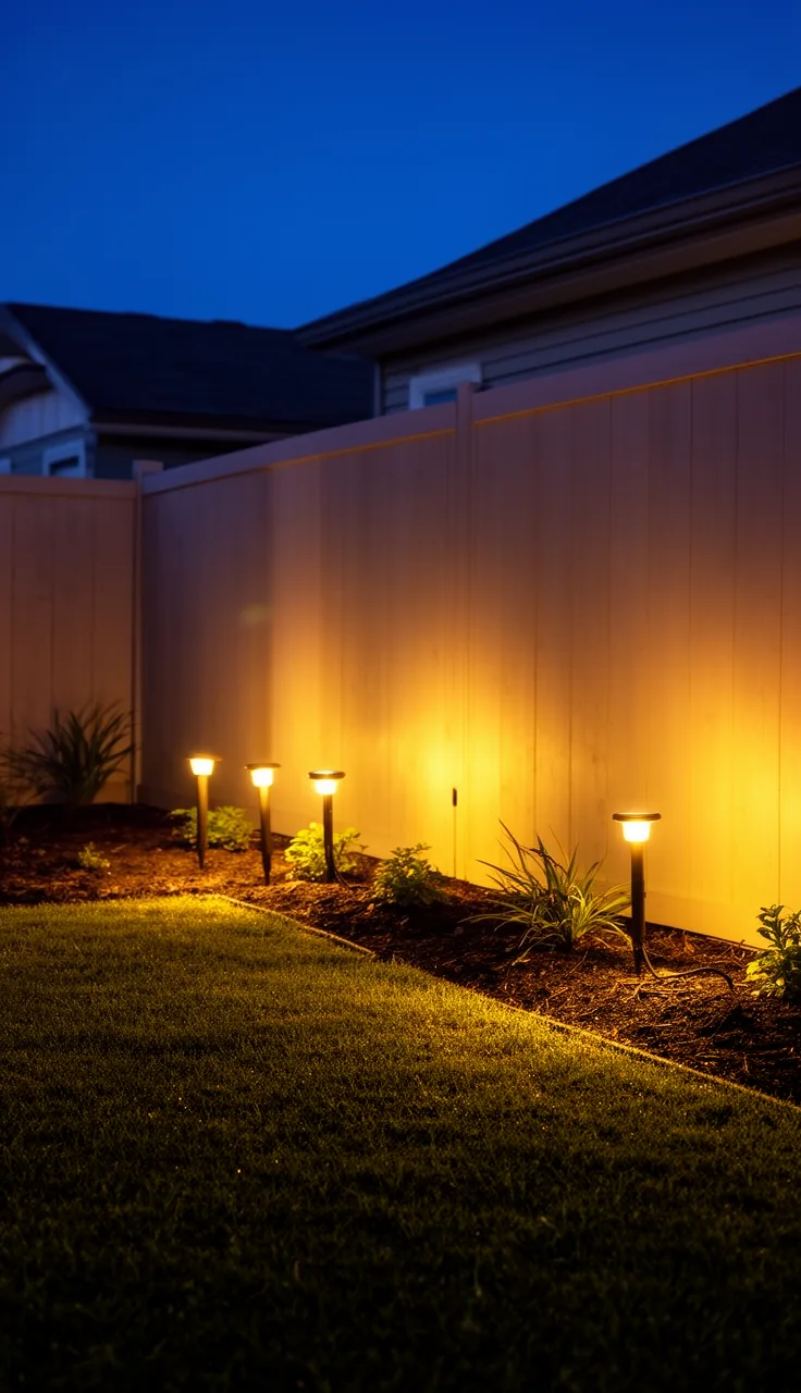 Wash lights grazing a modern backyard fence with soft light