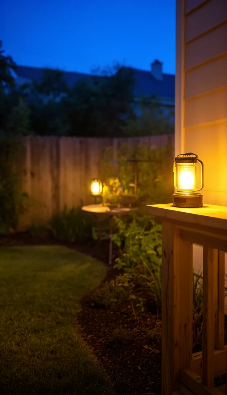 Portable rechargeable lamps glowing on a small patio at dusk