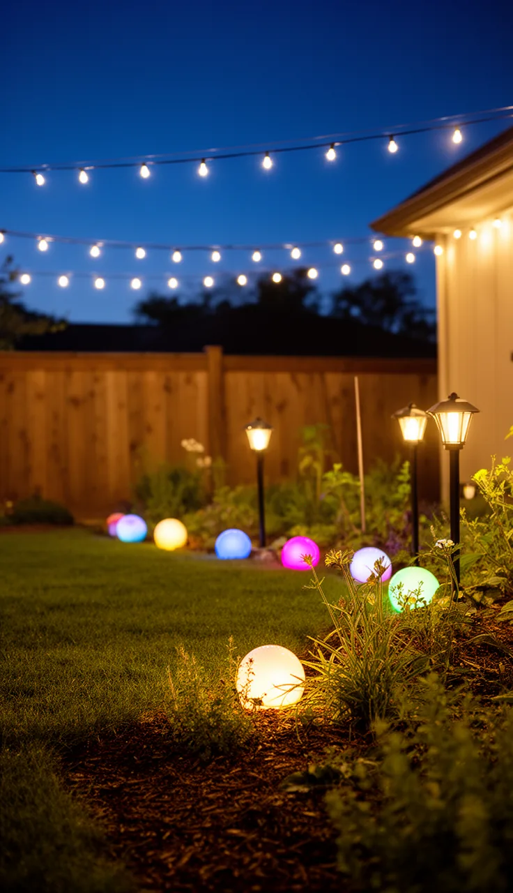 Color-changing orb lights used as accents in a warm-lit backyard