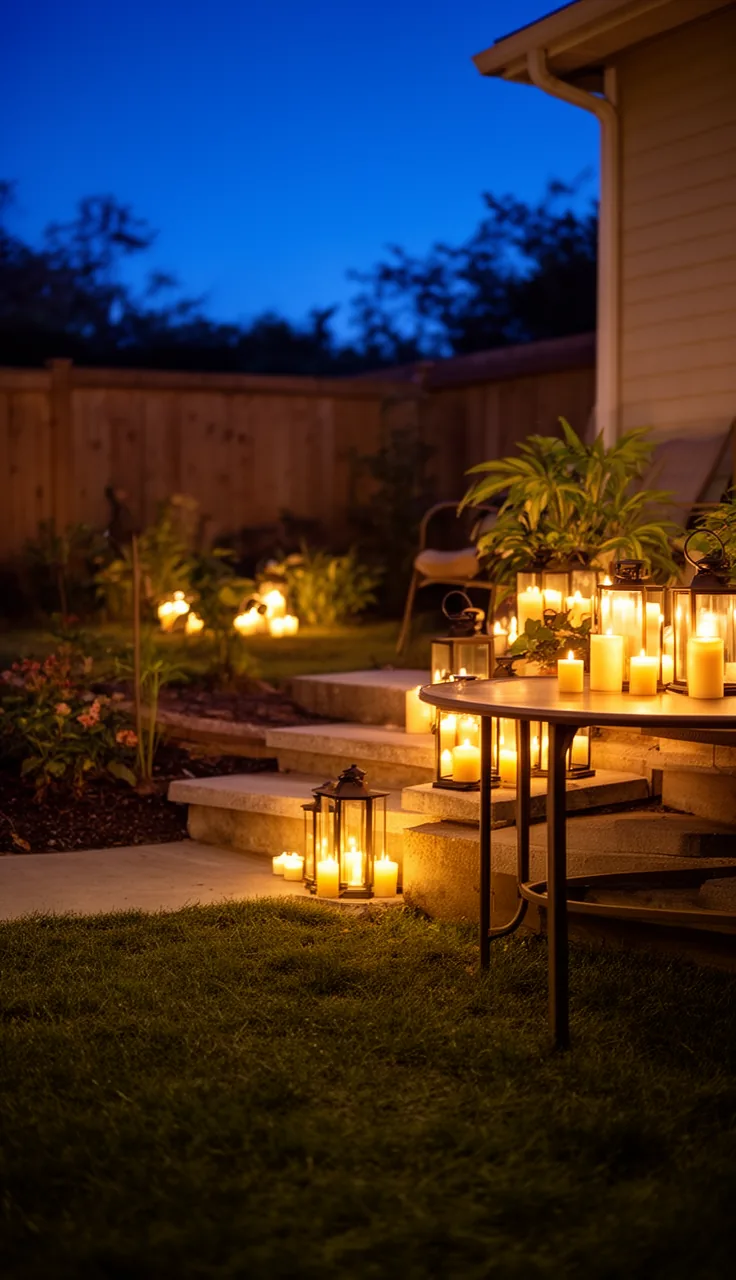 Flameless LED candles glowing safely in outdoor lanterns at dusk