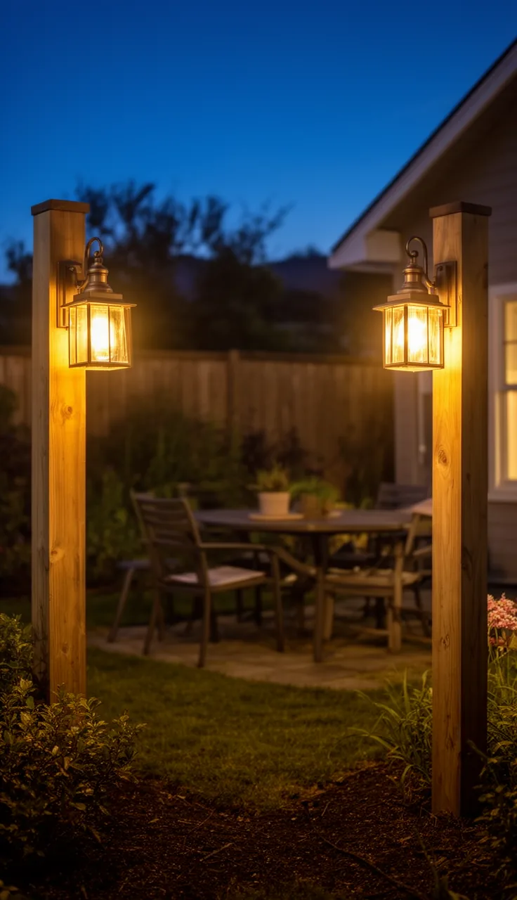 Bistro-style sconces mounted on posts framing a patio at dusk