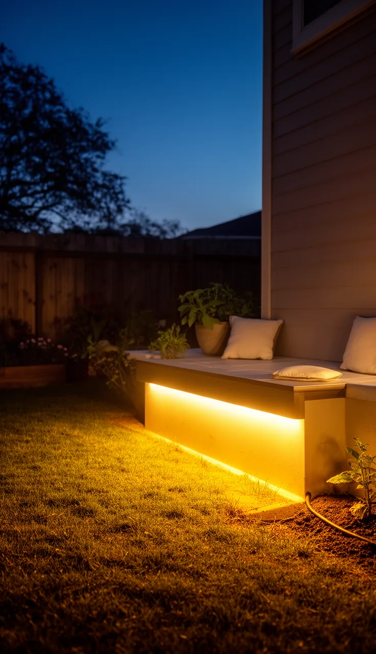 Hidden under-bench lighting making a seat wall appear to float