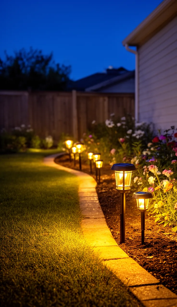 Solar stake path lights lining a backyard walkway at dusk