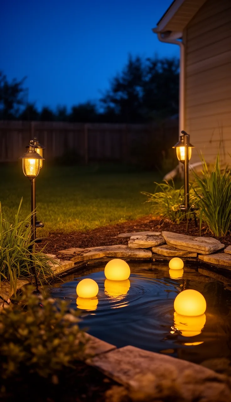 Waterproof orb lights floating on a backyard pond at dusk