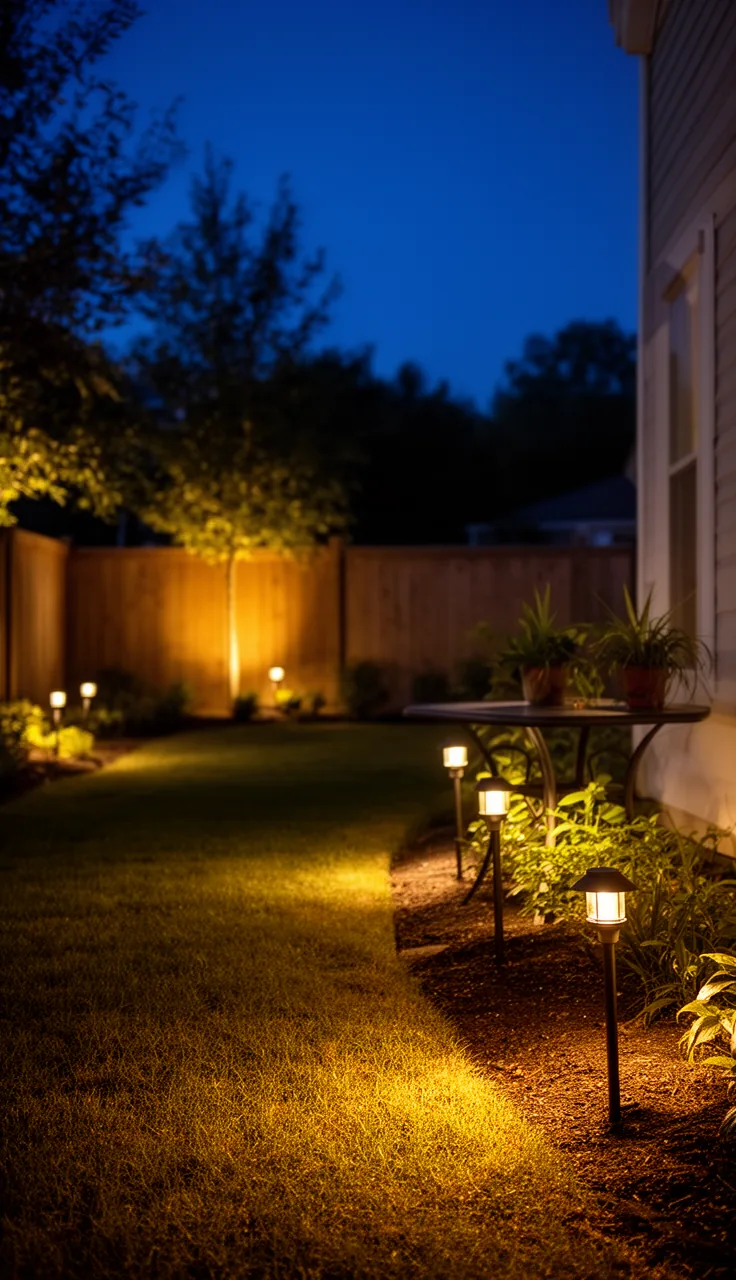 A layered low-voltage landscape lighting system glowing across a backyard