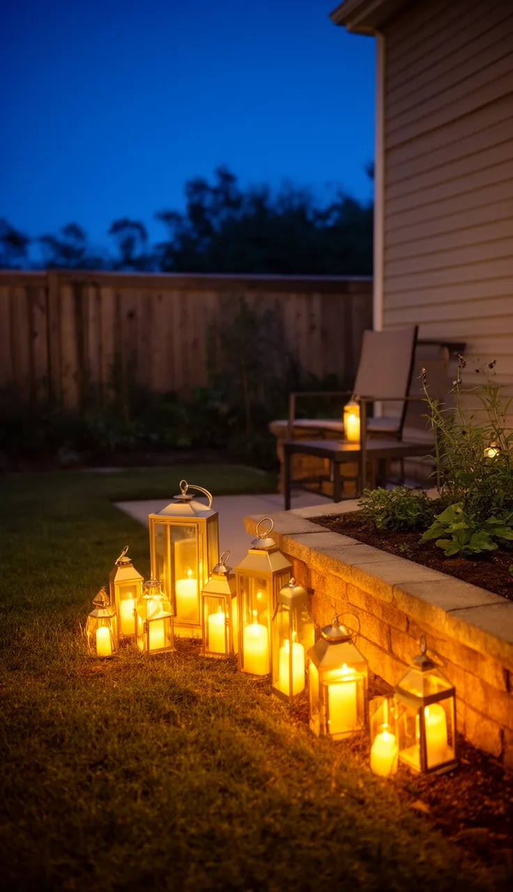 A cluster of glowing lanterns in a cozy patio corner at dusk