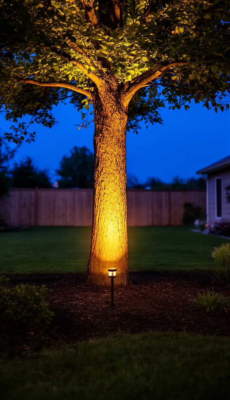 An uplight washing a backyard tree with warm light at dusk