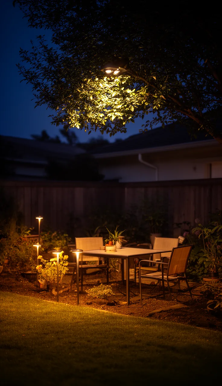 Downlighting mimicking moonlight through tree branches over a patio
