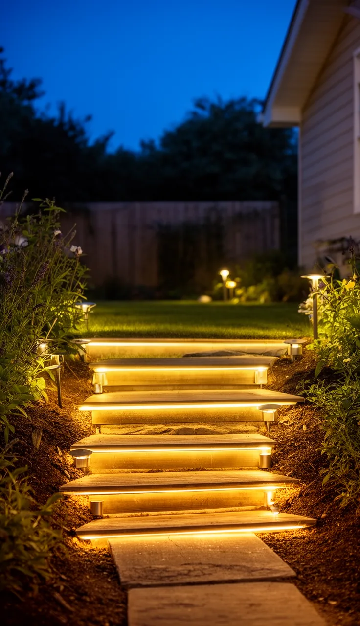 Warm step lights defining an outdoor garden staircase at dusk