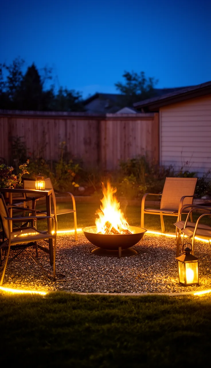 A fire bowl paired with soft LED lights on a backyard patio