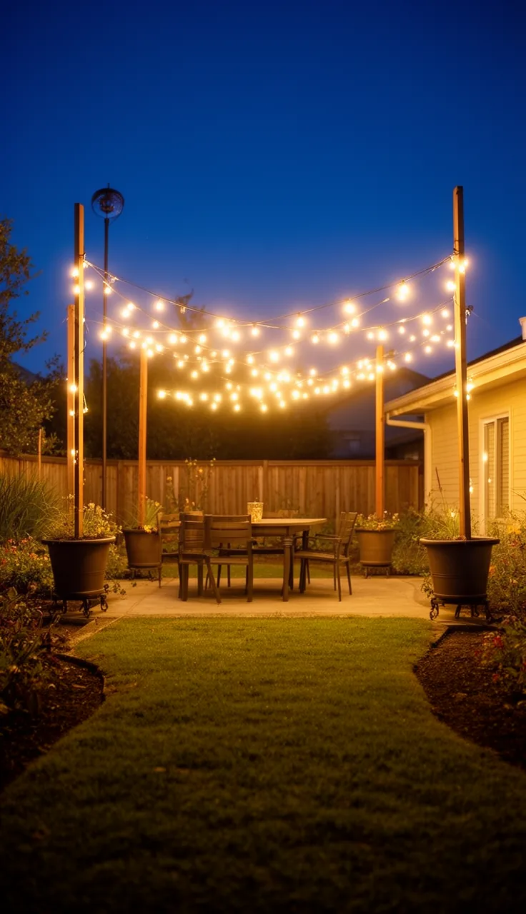 Festoon poles carrying string lights over a backyard patio