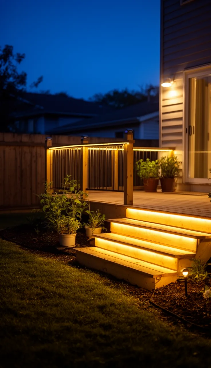 Under-rail LED lights glowing softly along a deck at dusk