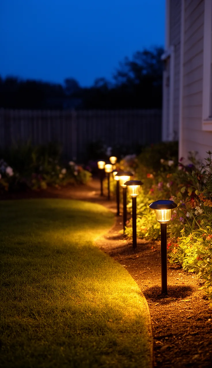 Solar stake path lights lining a garden walkway, a classic solar garden light idea