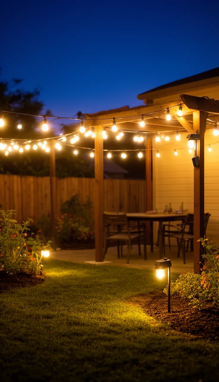 Solar string lights swagged over a patio at dusk