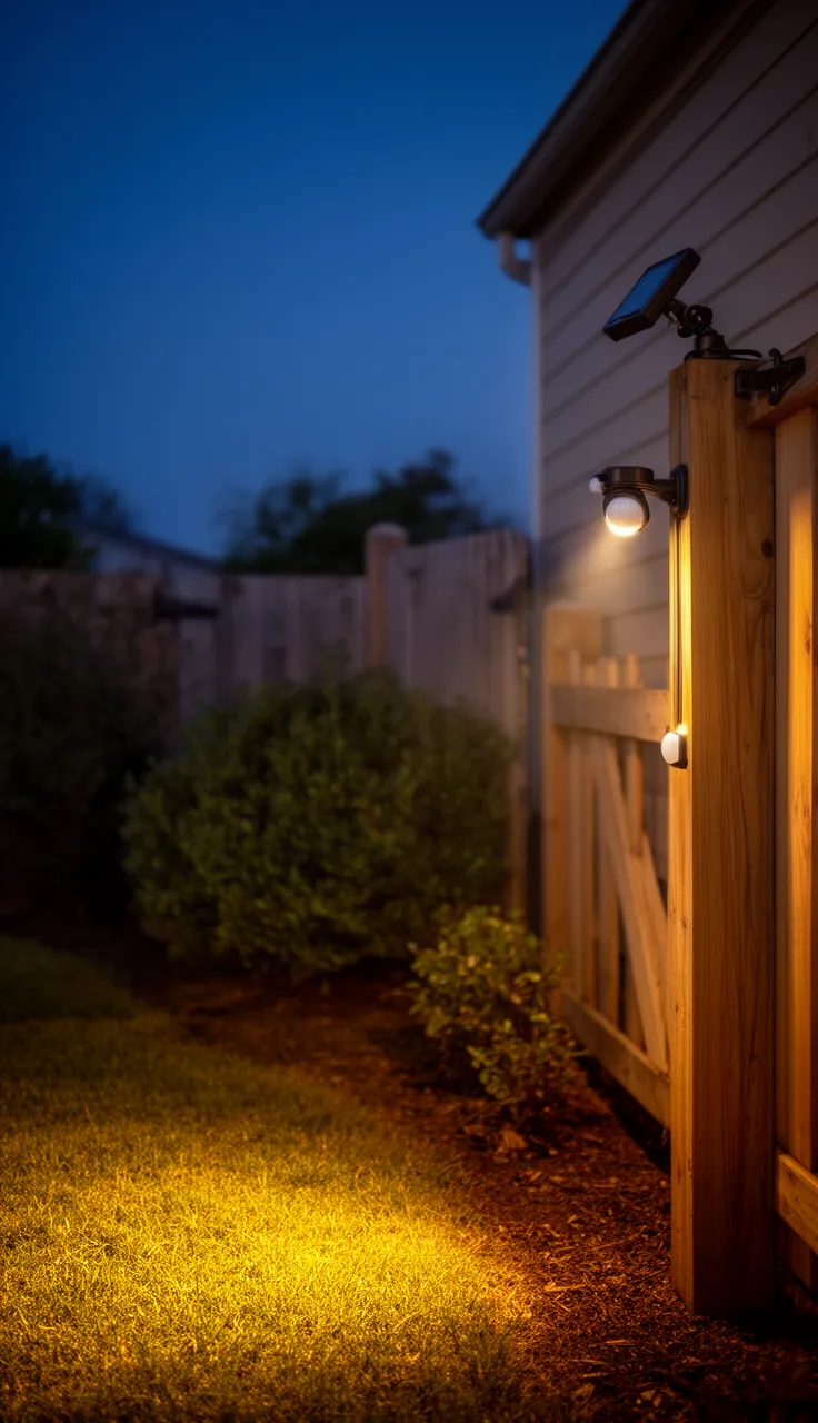 A solar motion-sensor light mounted on a garden fence