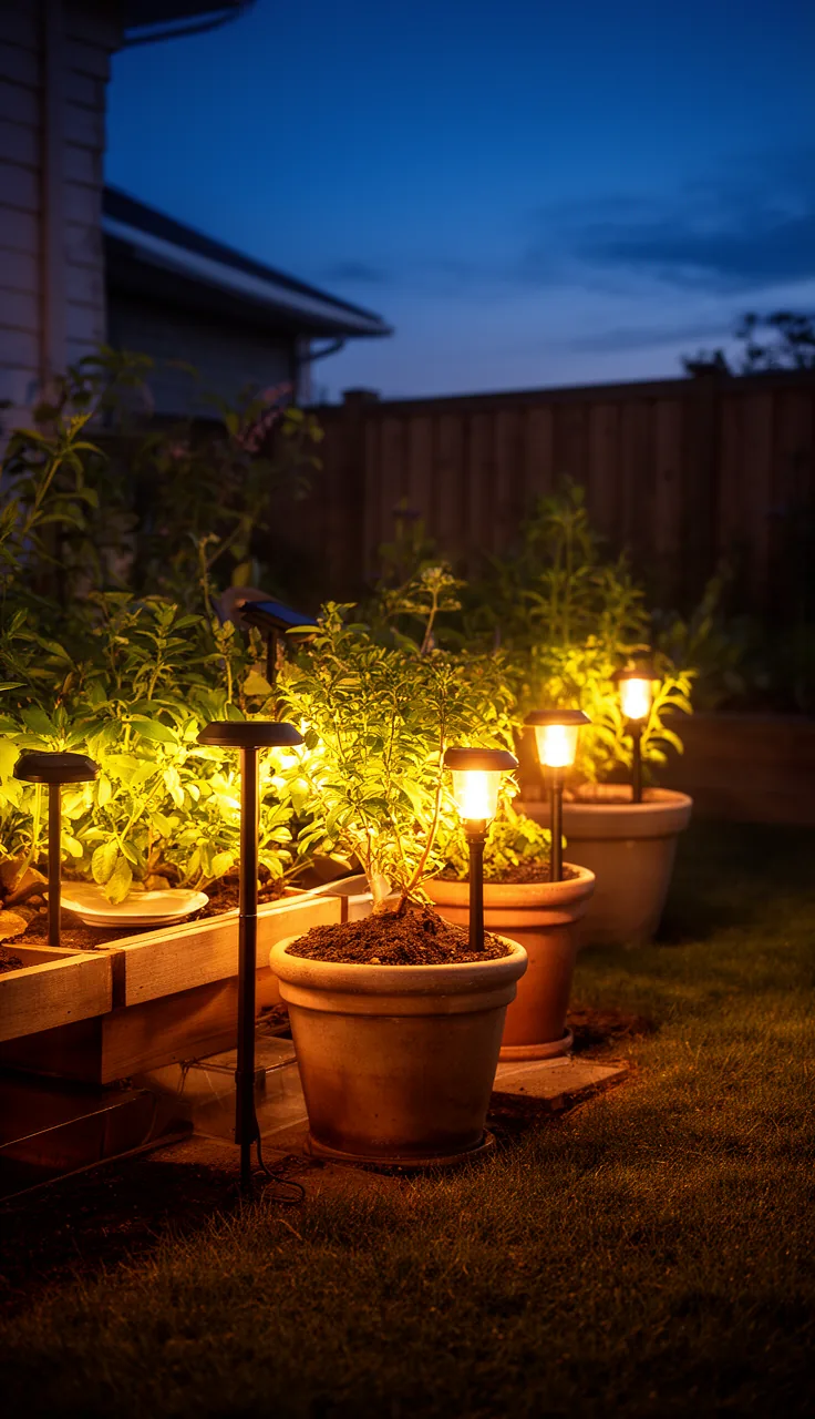 Solar stake lights glowing inside garden planters